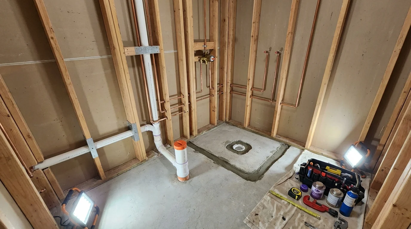 Bathroom rough-in plumbing during remodel by Johns Plumbing LLC in Greeneville