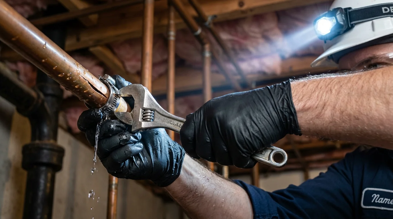 Emergency pipe clamp repair being performed by a Johns Plumbing LLC plumber in Greeneville