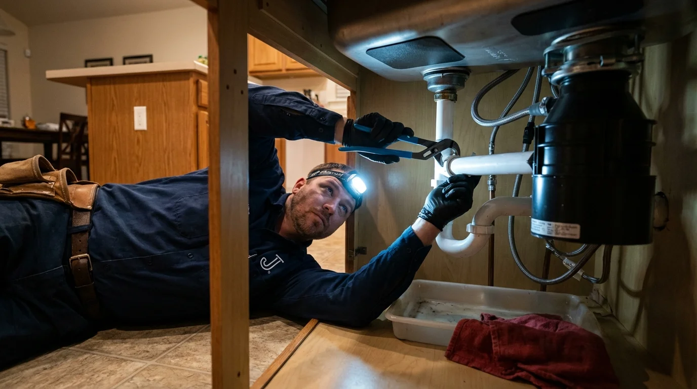 P-trap and supply line connections under a kitchen sink showing a common leak point in Greeneville, TN